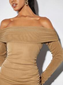 SHEIN BAE 露肩褶皺緊身洋裝 - 卡其色 - 查看 6