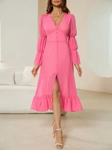 Aveloria Solid Color Ruffle Hem Long Sleeve Dress - Pink - View 3