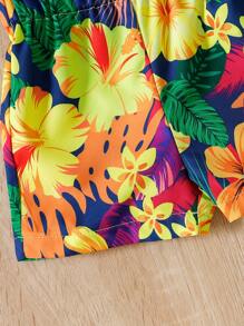 Conjunto de top de encaje y pantalones cortos con estampado floral de estilo vacacional para niñas bebés, de moda para primavera y verano - Multicolor - Ver 3
