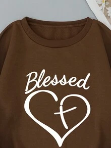 SHEIN EZwear Women'S Cross Love Print Crew Neck Sweatshirt - Coffee Brown - View 3