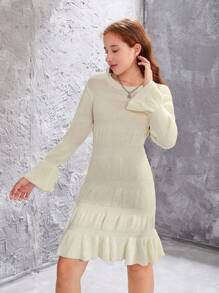 青少年女孩蓮藕袖荷葉邊毛衣洋裝 - 白色 - 查看 5