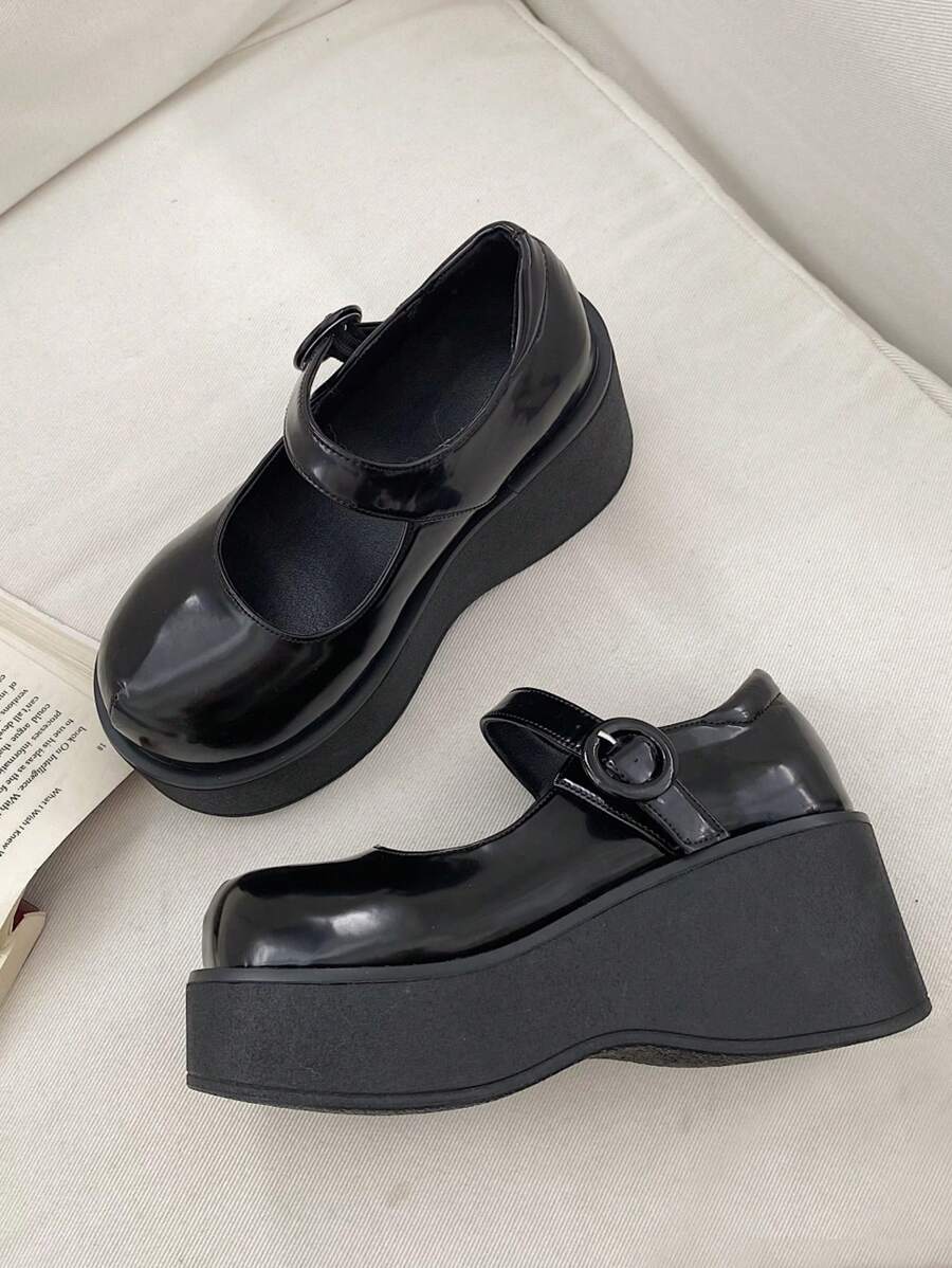 ROMWE Goth Mary Jane Women's Wedge Heel Platform Shoes - Black - View 1