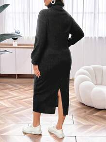 SHEIN LUNE Plus Size Women'S Turtleneck Ribbed Dress - Black - View 2