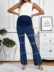 SHEIN Maternity Flared Denim Trousers With Adjustable Buttons Jeans - Medium Wash - View 5