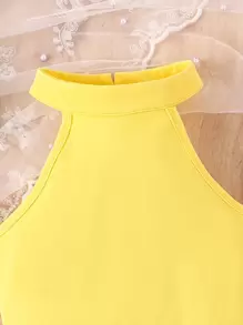 Tween Girls' Solid Halter Top And Flower Embroidery Mesh-Overlay Skirt Set, School, Campus, College - Yellow - View 4