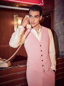 GENTILAND Men'S Button-Up Vest Suit Jacket And Pants, Woven Fabric - Pink - View 4