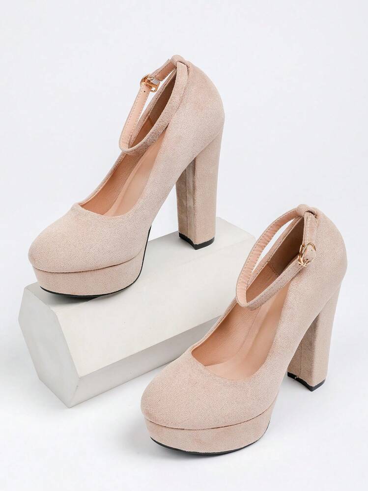 Women's Fashion High Heel Pump Shoes Buckle Design, Round Toe, 4.9inch Chunky Heel, Waterproof Platform, Versatile, Apricot Color, Elegant - Apricot - View 5