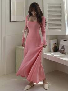 DAZY Women'S Solid Color Elegant Long Dress - Coral Pink - View 8