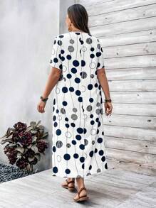EMERY ROSE Plus Size Women's Polka Dot Pattern Blue White Short Sleeve Dress For Spring For Summer
