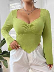 CovetEZ 大码女式不对称下摆冰丝修身 T 恤 - 綠色 - 查看 4