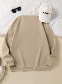 SHEIN EZwear 加大尺寸卡通和字母印花保暖衬裡毛衣 - 卡其色 - 查看 2