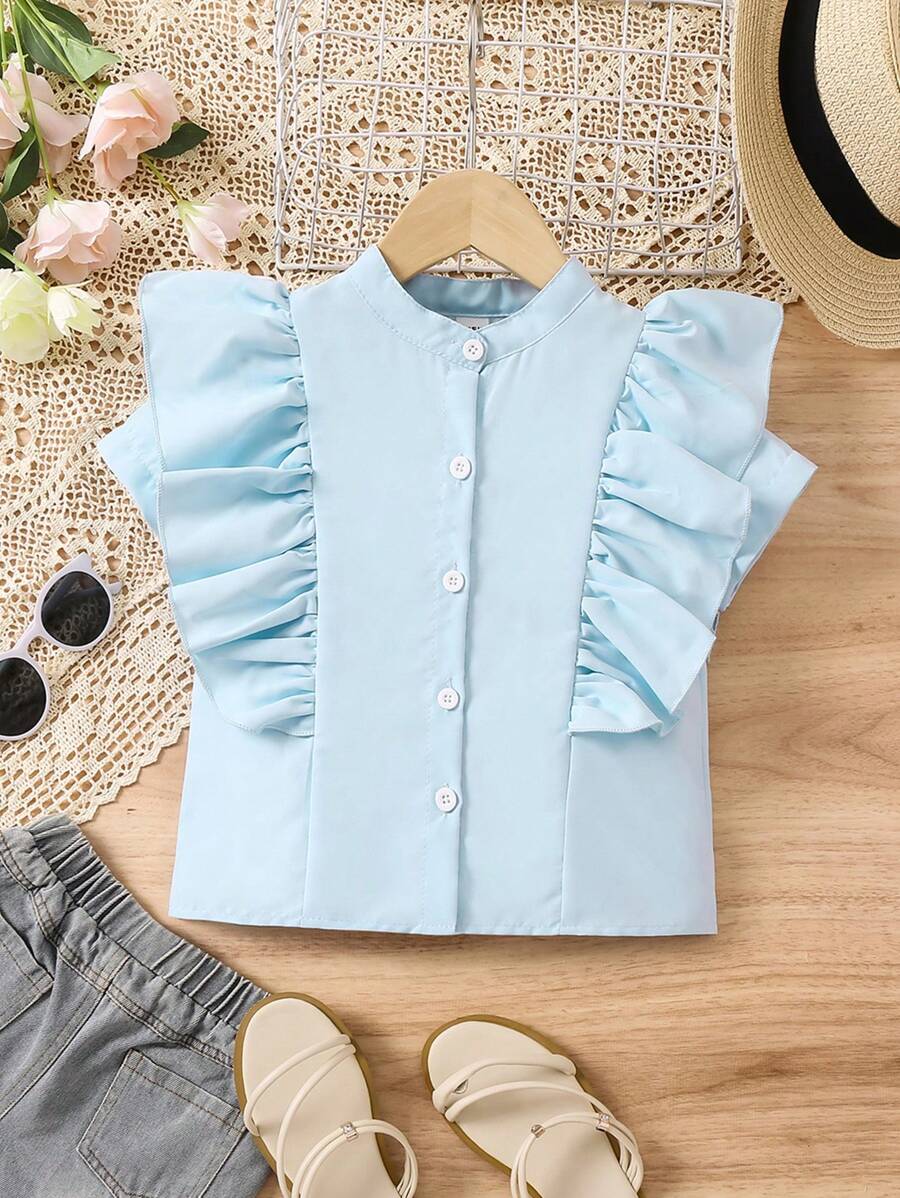 SHEIN Young Girl Little Girl's Blue Stand Collar Large Ruffle Shirt