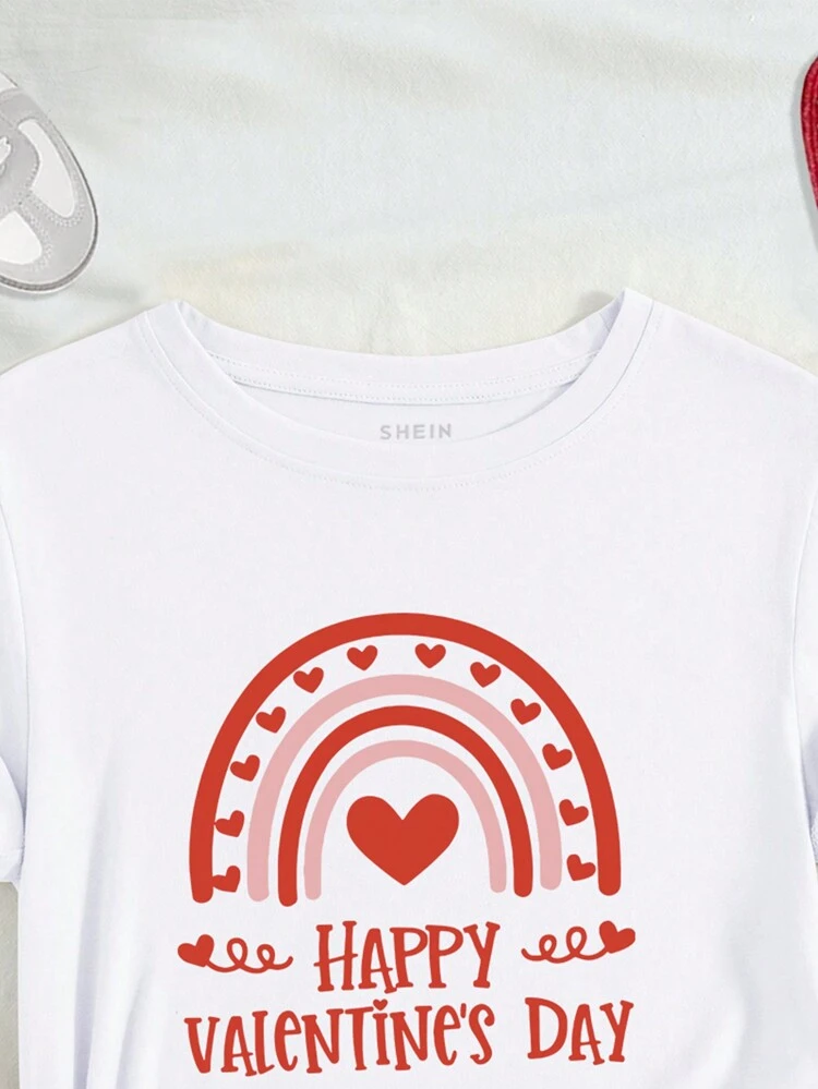 Women's Heart & Slogan Printed Short Sleeve T-Shirt