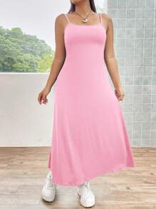 Flirla Plus Size Women's Versatile Basic Cami Dress - Pink - View 7