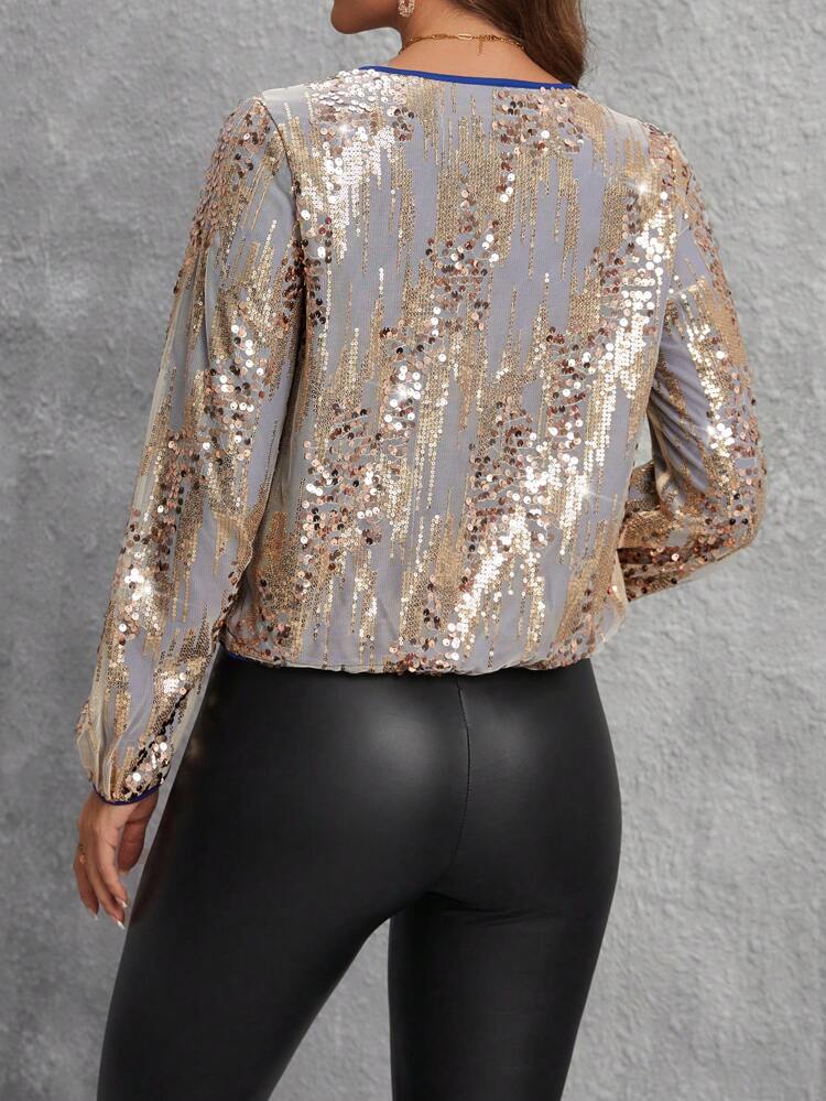 Women'S Contrast Trimmed Wrap Sequin Shirt