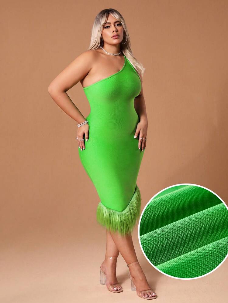 New Years Plus Size One Shoulder Elegant Bandage Prom Dress With Furry Trim