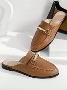 Comfortable Loafers With Metal Buckle And Half-Toe Cap, Easy Slip-On Leather Shoes - Brown - View 1