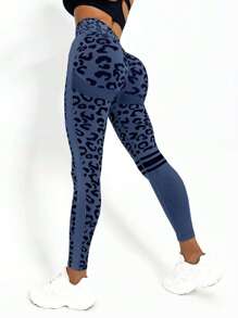Easithlete Leopard Print Running Leggings Seamless High Stretch Tummy Control Sports Tights Yoga Women Pants - Navy Blue - View 2