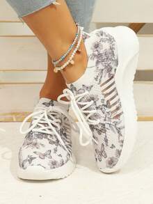 女士輕量舒適鞋底綁帶透氣運動鞋,帶蝴蝶印花設計,款式多樣,多色可選,隨機圖案,適用於全季節 - 彩色 - 查看 4