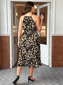 SHEIN Clasi Plus Size Halterneck Printed Dress - Brown - View 2