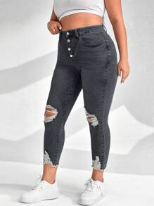 SHEIN EZwear 大尺碼破洞緊身牛仔褲 - 灰色 - 查看 6