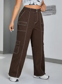 SHEIN ICON 大码对比缝线工装男友风牛仔裤 - 咖啡棕 - 查看 6