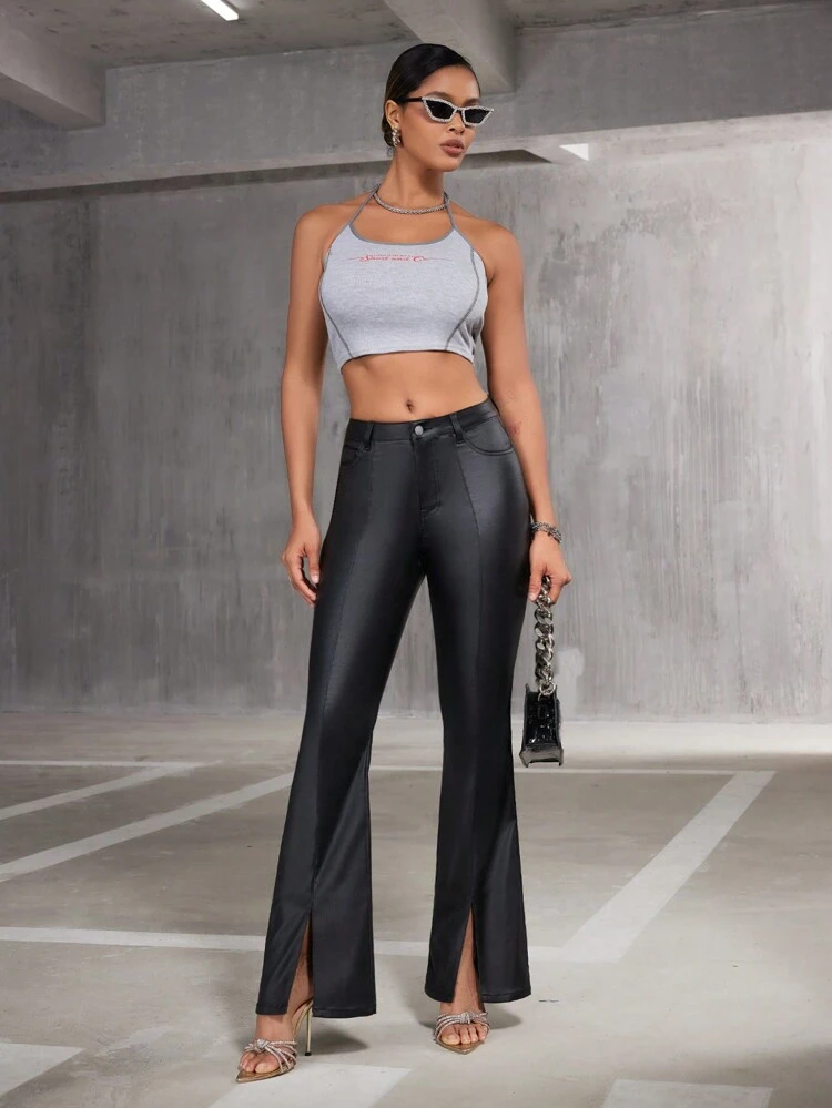 Women's Fashionable Solid Color Split Hem Fitted Flare Pants, Autumn Fall Cloth For Women