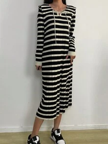 Contrasting Striped Cross Tied Collar Sweater Dress - Black - View 4