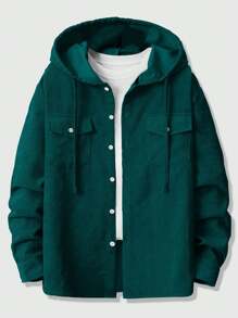 ROMWE MEN Prep Men Solid Color Hooded Corduroy Jacket With Drawstring, School, Fall/Winter