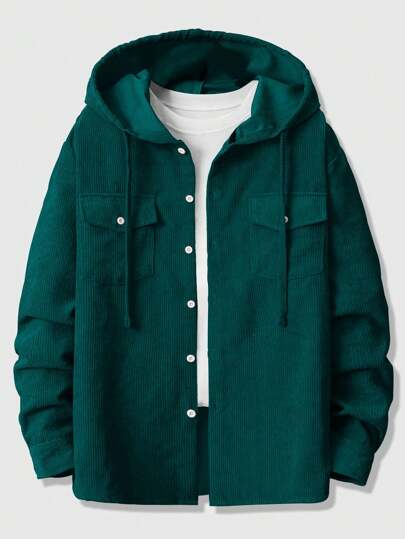 Prep Men Solid Color Hooded Corduroy Jacket With Drawstring, School, Fall/Winter