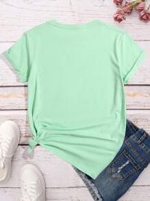 SHEIN LUNE 女款卡通貓印花短袖t恤 - 青檸色 - 查看 2