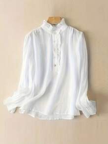 SHEIN Unity Của phụ nữ Lá sen tỉa Đứng cổ áo Tay áo dài Áo sơ mi - trắng - Xem 1