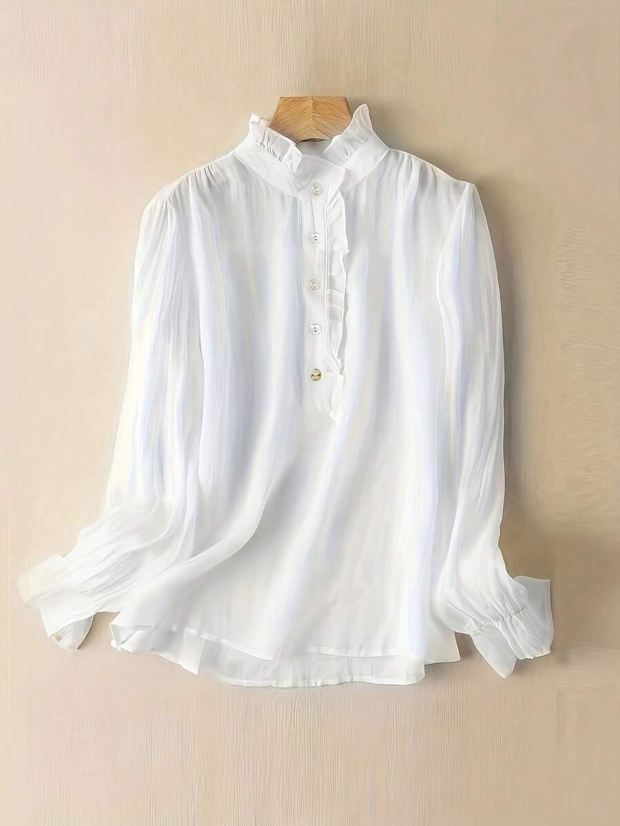 SHEIN Unity Của phụ nữ Lá sen tỉa Đứng cổ áo Tay áo dài Áo sơ mi - trắng - Xem 1