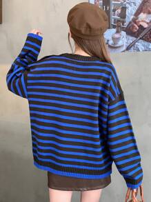 DAZY Women's Striped Drop Shoulder Long Sleeve Sweater,Fall Clothes - Blue - View 6