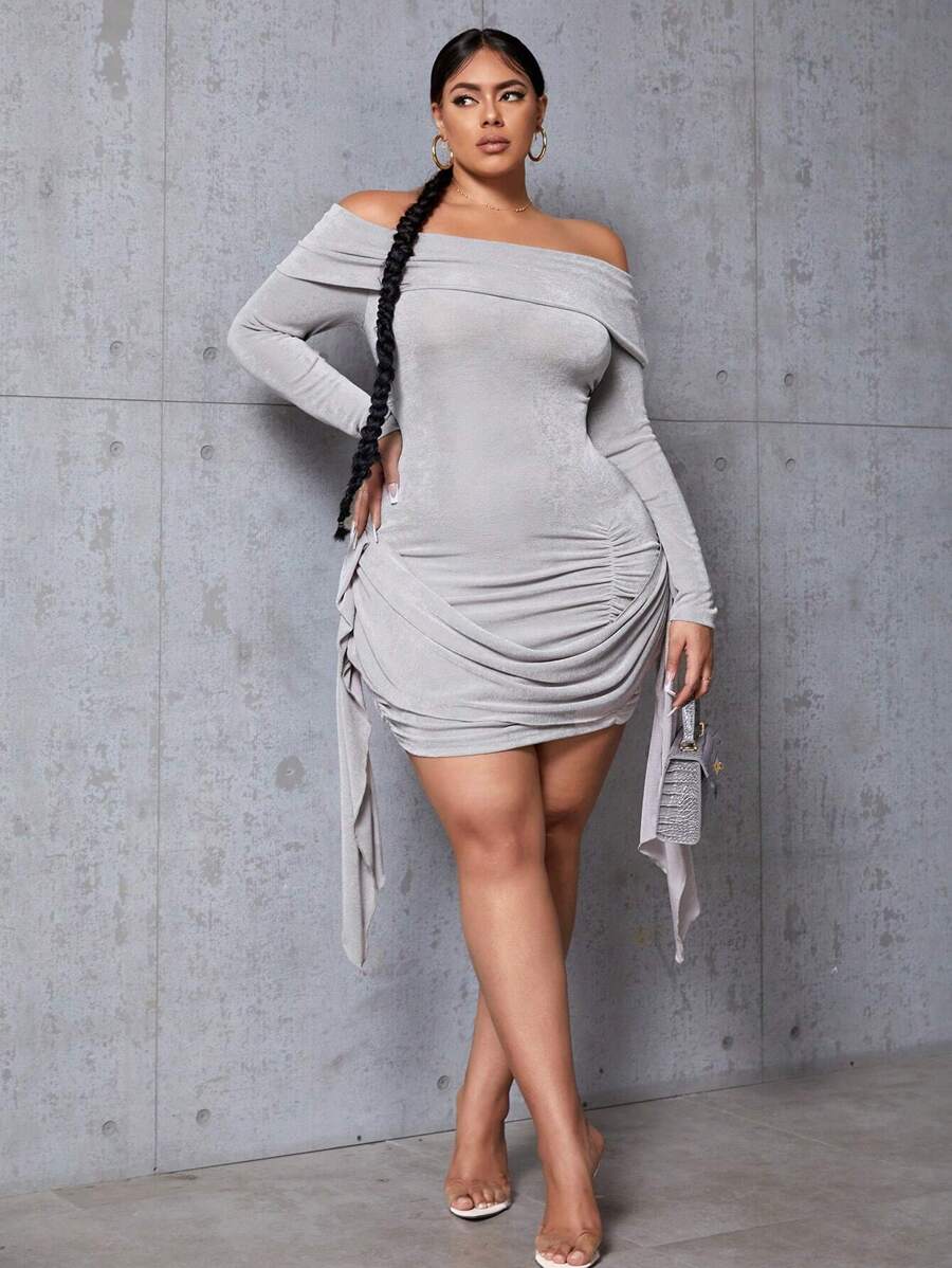 SHEIN SXY بالإضافة إلى حجم الصلبة اللون قبالة الكتف فستان نحيف - رمادي - مشاهدة 1