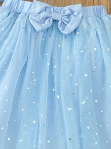 SHEIN Young Girl Two-Piece Ruffled Top And Bow-Embellished Mesh Skirt Set - Blue - View 4