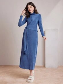 Mulvari Turtle Neck Knot Side Dress - Blue - View 3