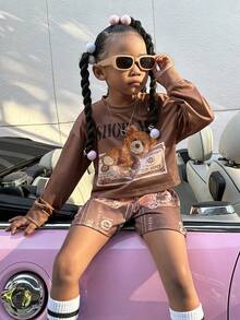 SHEIN Little Girls' Cartoon Bear Print Long Sleeve Top And Shorts Set - Brown - View 6