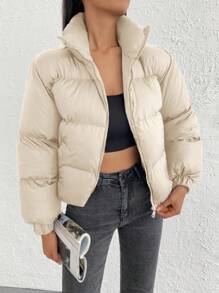 RueChic Solid Zip Up Puffer Coat - Apricot - View 4