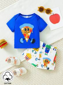 男嬰趣味食品披薩爆米花印花套裝 - 藍色 - 查看 1