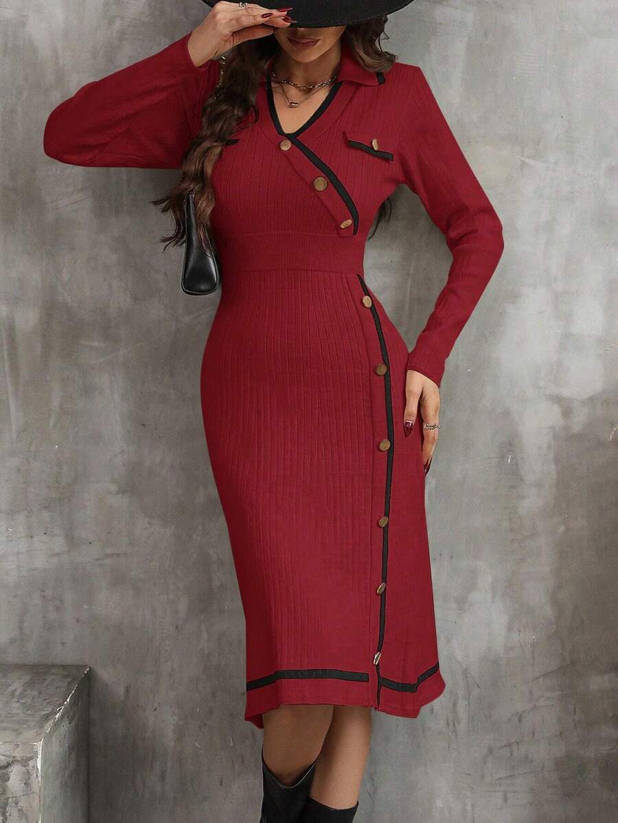 SHEIN LUNE 女款撞色新年修身毛衣連身裙 - 彩色 - 查看 1