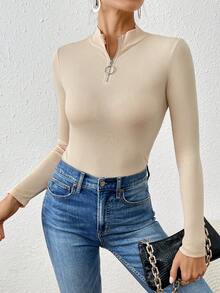 SHEIN Essnce Women's Zipper Half Placket Long Sleeve T-Shirt - Apricot - View 4