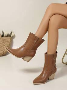 Women's Elegant Mid-Calf Boots With Pointed Toe, Chunky Heel And Brown Slip-On Design For Leisure - Brown - View 2