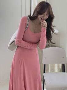 DAZY Women'S Solid Color Elegant Long Dress - Coral Pink - View 3