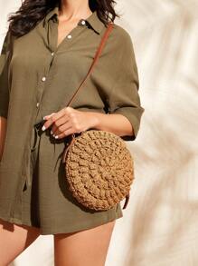SHEIN VCAY Women's Brown Circular Crossbody Bag,Woven Bag,Straw Bag,Perfect For Summer Beach Travel Vacation,For Outdoor,Holiday - Brown - View 3