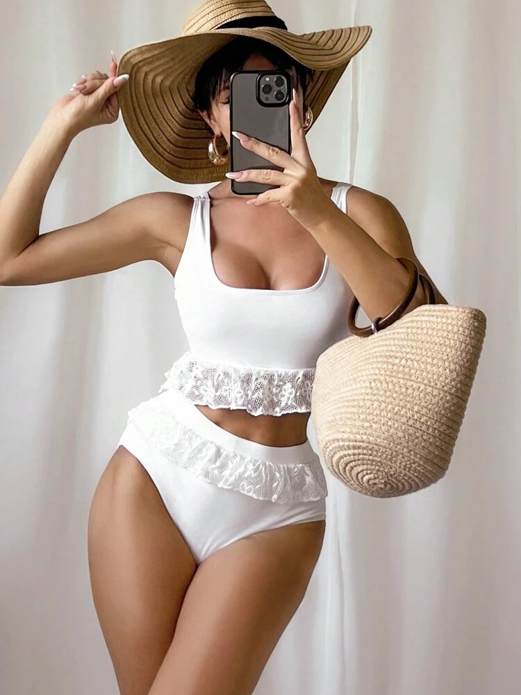 Women's Contrast Lace Tank Top Bikini Set Summer Beach