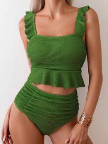 SHEIN Swim Summer Beach Ruffled Trim Wide-Strap Top And High-Waisted Briefs Bikini Set - Green - View 1