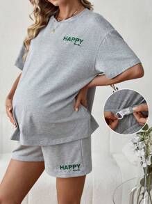 SHEIN 孕婦字母刺繡下垂肩t恤和可調腰圍短褲套裝