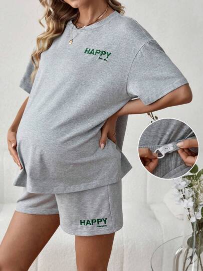 SHEIN 孕婦字母刺繡下垂肩t恤和可調腰圍短褲套裝