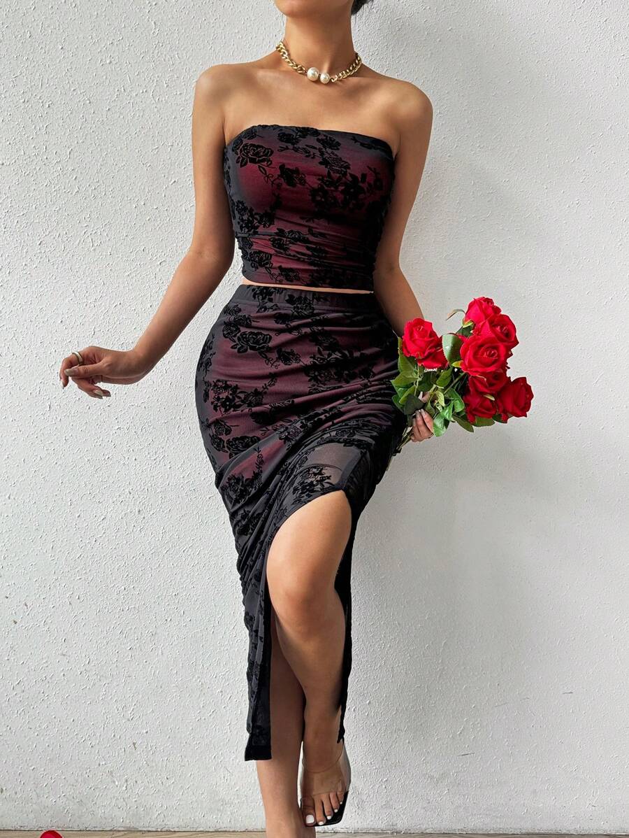 SHEIN Privé Black Flocked Women's Two-Piece Set - Black - View 1